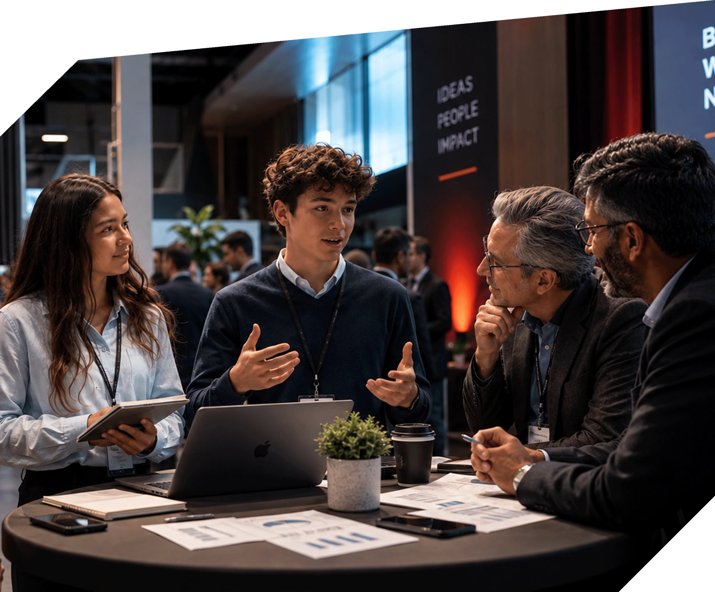 Young entrepreneurs sharing business ideas with mentors
